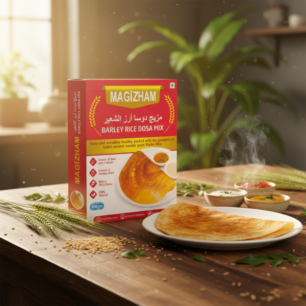 barley rice dosa mix AI generated product image of magizham barley rice dosa mix