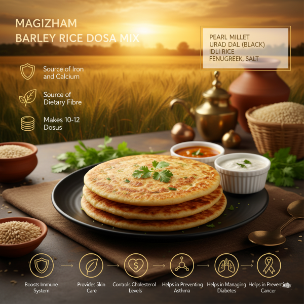 Barley rice dosa mix product image of magizham barley dosa mix with all the nutrition values.