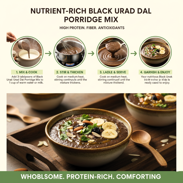 image explaning how to cook magizham black urad dal porridge mix in four step process