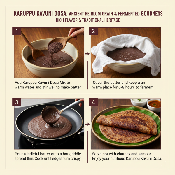 Karuppu kavuni dosa image explaning how to cook magizham karuppu kavuni dosa in four step process