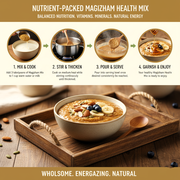 Magizham health mix image explaning how to cook magizham health mix in four step process
