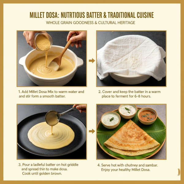 image explaning how to cook magizham millet dosa in four step process