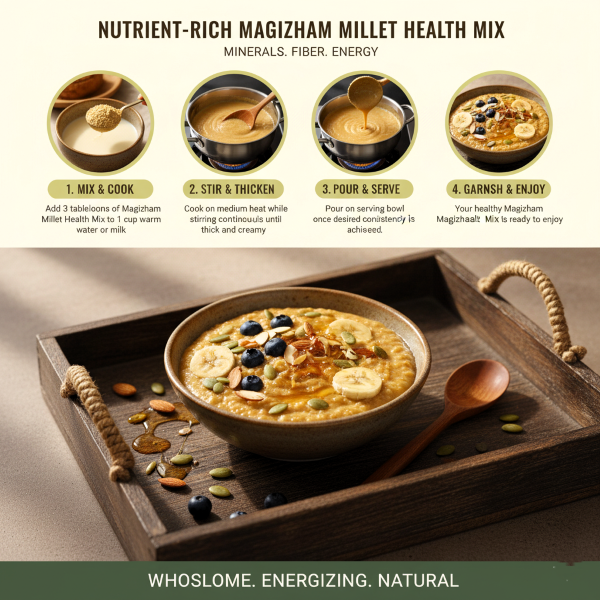 Millet health mix image explaning how to cook magizham millet health mix in four step process