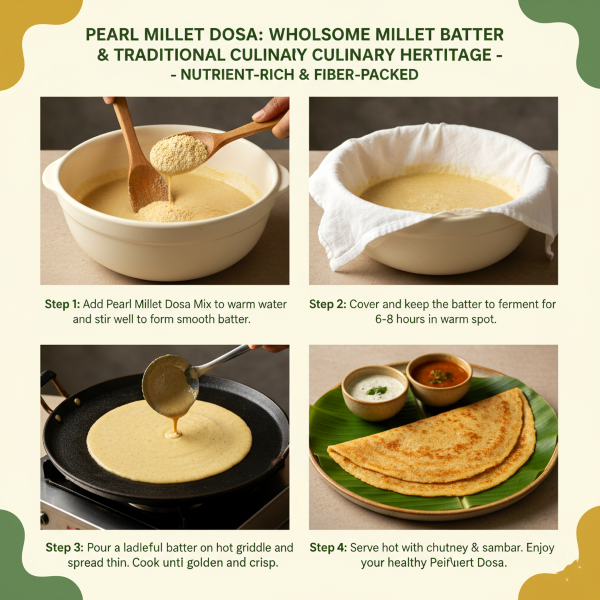 Peal millet dosa image explaning how to cook magizham pearl millet dosa in four step process