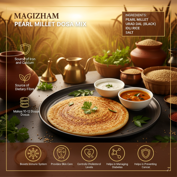Pearl millet dosa mix product image of magizham pearl millet dosa mix with all the nutrition values.