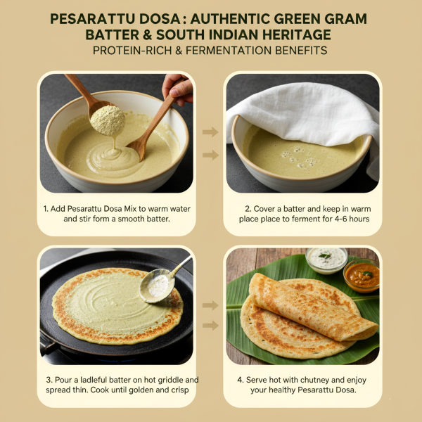 Pesarattu dosa image explaning how to cook magizham pesarattu dosa in four step process