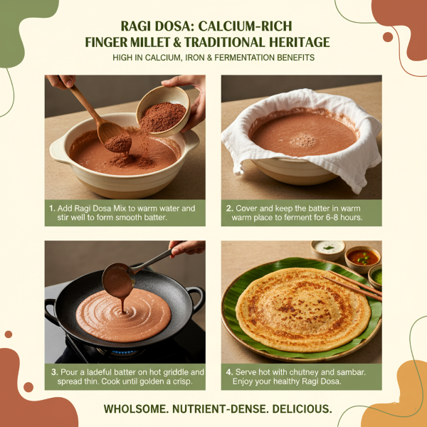 Ragi dosa image explaning how to cook magizham ragi dosa in four step process