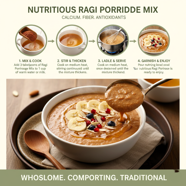 image explaning how to cook magizham ragi porridge health mix in four step process