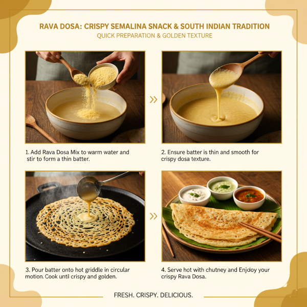 image explaning how to cook magizham rava dosa in four step process