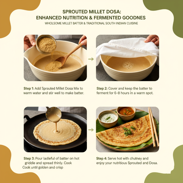 image explaning how to cook magizham sprouted millet dosa in four step process