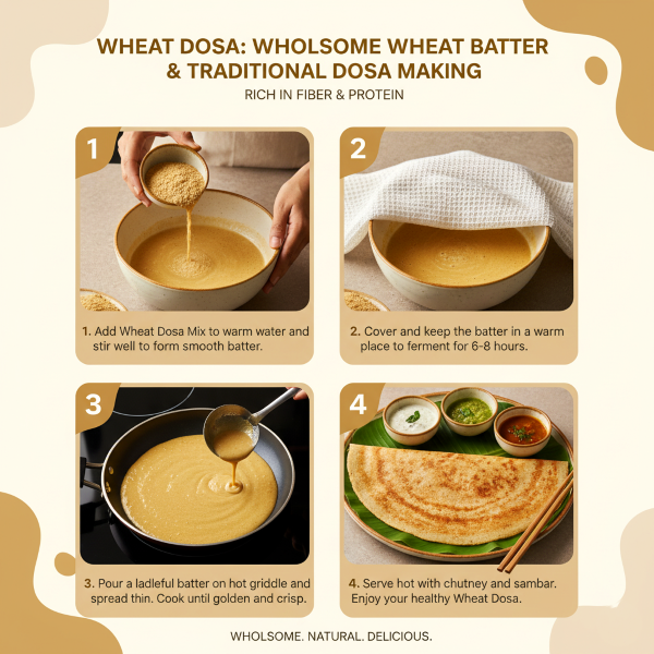 image explaning how to cook magizham wheat dosa in four step process