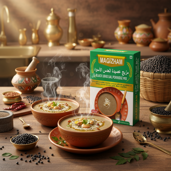 AI generated product image of magizham black urad dal porridge mix