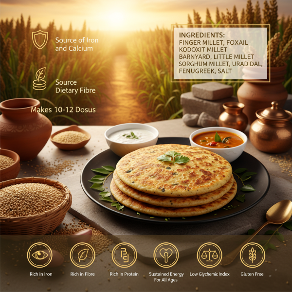 product image of magizham millet dosa mix with all the nutrition values.