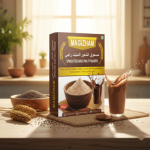 AI generated product image of magizham sprouted ragi malt health mix.