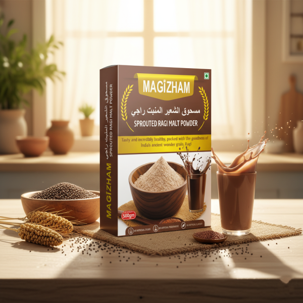 AI generated product image of magizham sprouted ragi malt health mix.
