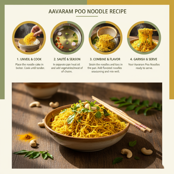 AAVARAM POO NOODLE image explaning how to cook magizham aavaram poo noodles in four step process