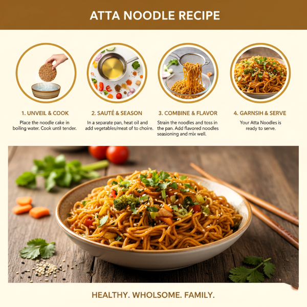 image explaning how to cook magizham atta noodles in four step process