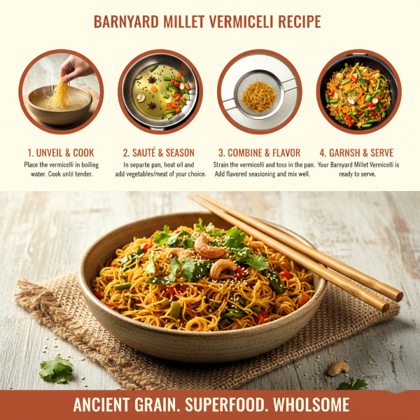 image explaning how to cook magizham barnyard millet Vermicelli in four step process.