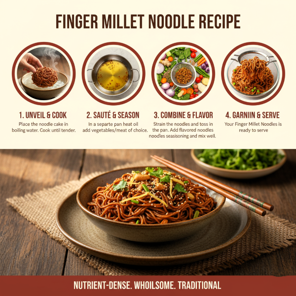 image explaning how to cook magizham finger noodles in four step process