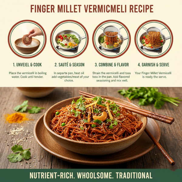 image explaning how to cook magizham finger millet Vermicelli in four step process.