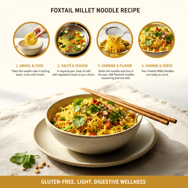 image explaning how to cook magizham foxtail millet noodles in four step process