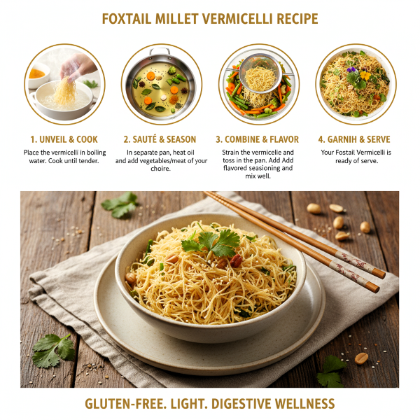image explaning how to cook magizham foxtail millet Vermicelli in four step process.