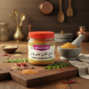 curry leaves idli podi ai generated product image of magizham curry leaves idli podi