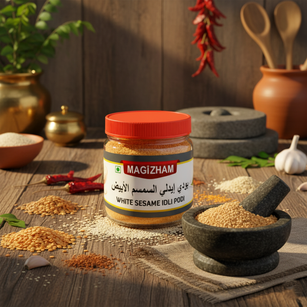 AI generated product image of magizham white sesame idli podi