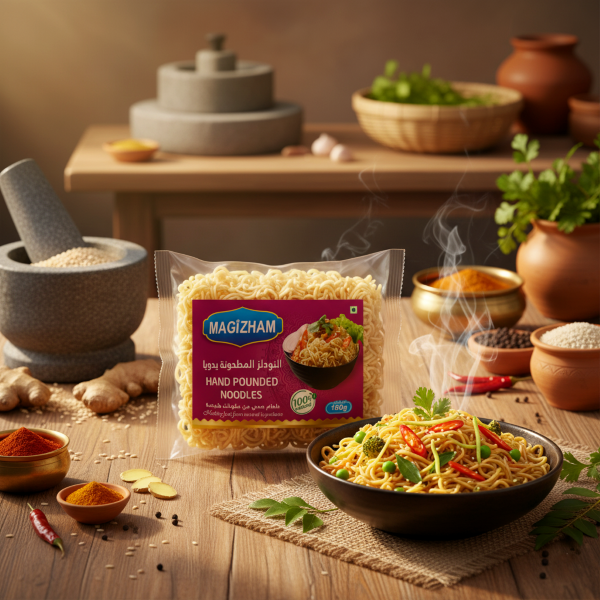 AI generated product image of magizham hand pounded noodles