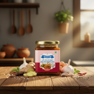 ginger garlic and tarmind thokku AI generated product image of magizham ginger garlic and tarmind thokku