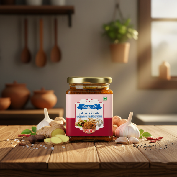 AI generated product image of magizham ginger garlic and tarmind thokku