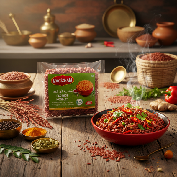 AI generated product image of magizham red rice noodles