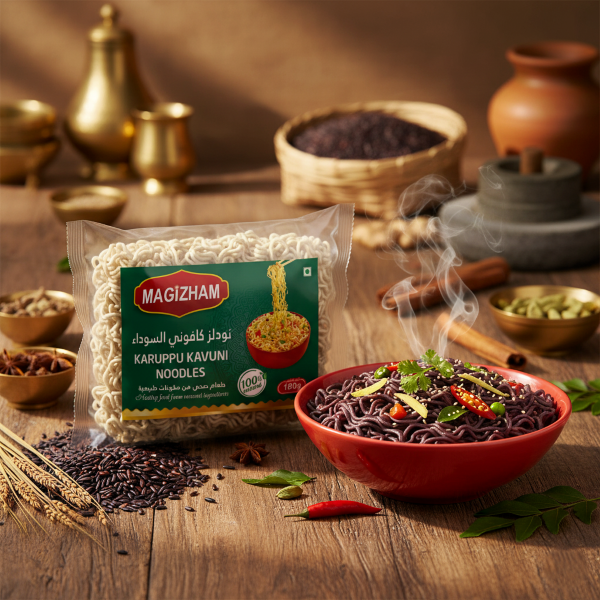 karuppu kavuni noodles AI generated product image of magizham karuppu kavuni noodles