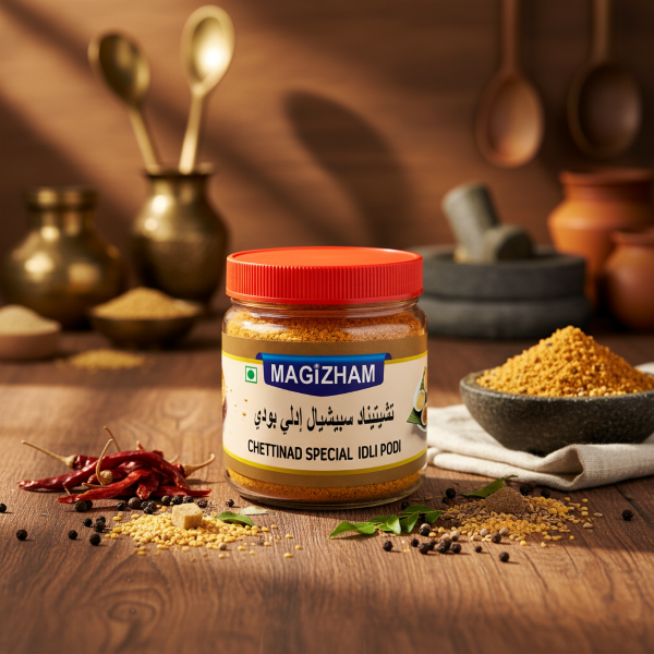 AI generated product image of magizham chettinadu special idli podi