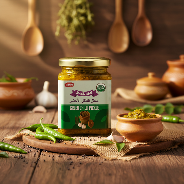 AI generated product image of magizham green chilli pickle