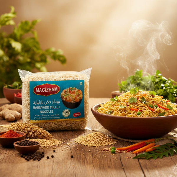 AI generated product image of magizham barnyard millet noodles