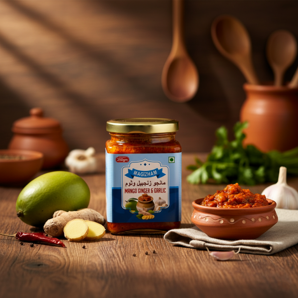 AI generated product image of magizham mango ginger garlic pickle