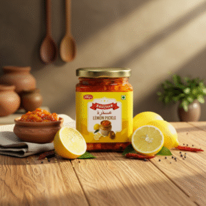 lemon pickle AI generated product image of magizham lemon pickle