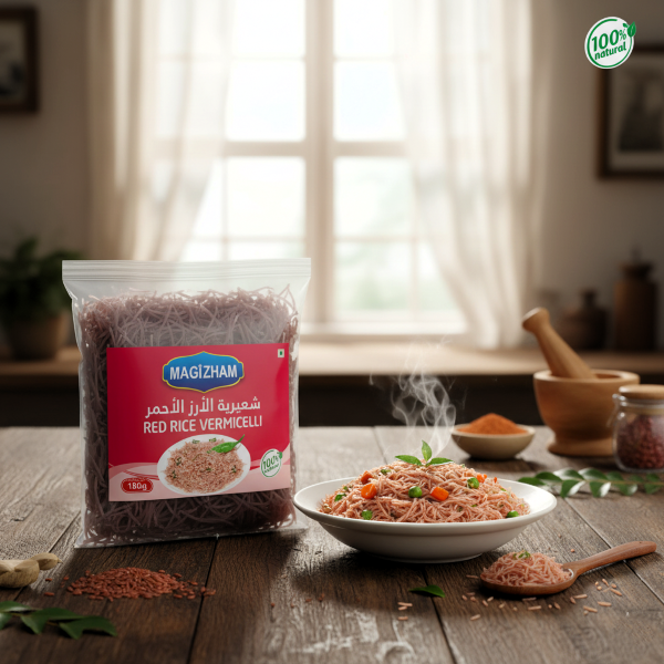 red rice vermicelli AI generated product image of magizham red rice vermicelli