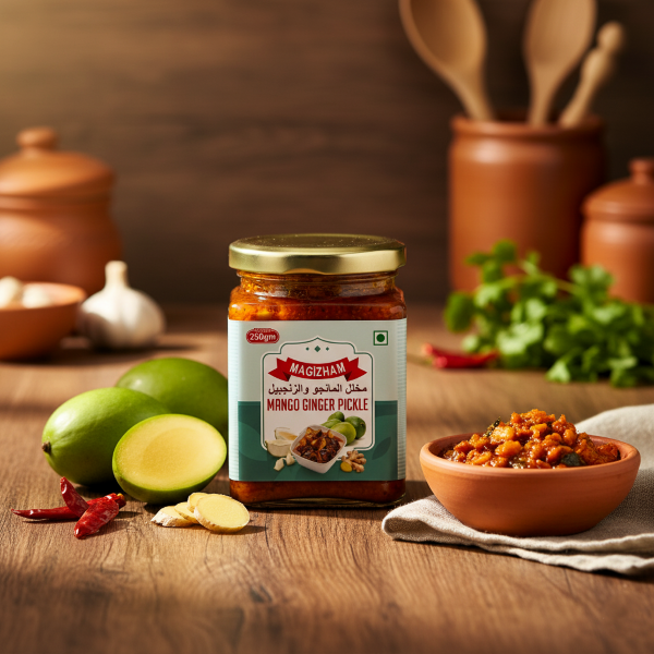 mango ginger pickle AI generated product image of magizham mango ginger pickle