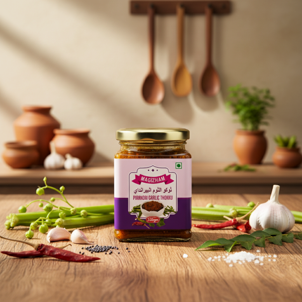 AI generated product image of magizham pirandai & garlic thokku