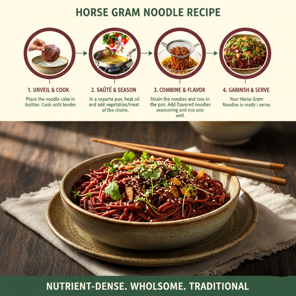 image explaning how to cook magizham horse gram noodles in four step process