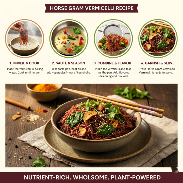 HORSE GRAM VERMICELLI image explaning how to cook magizham horse gram Vermicelli in four step process.