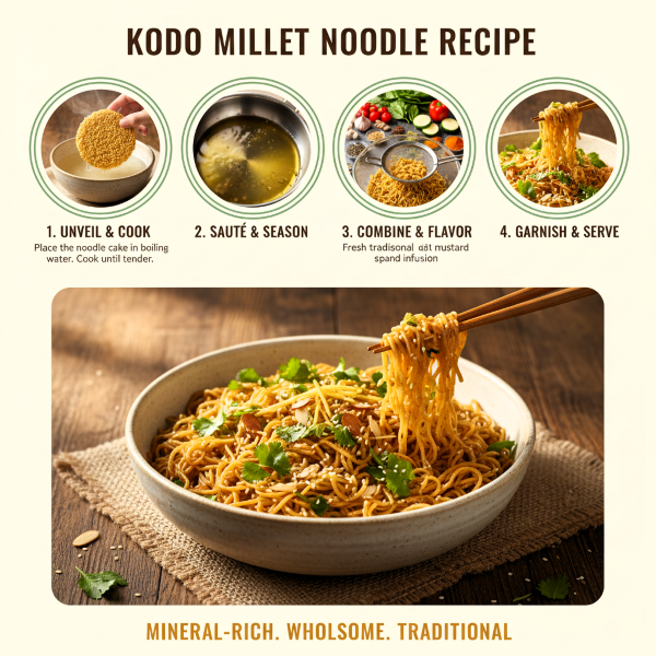 image explaning how to cook magizham kodo millet noodles in four step process