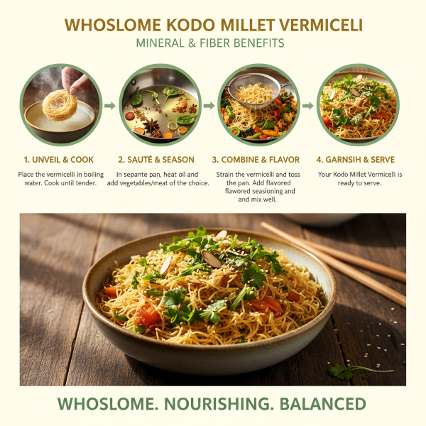 KODO MILLET VERMICELI image explaning how to cook magizham kodo Vermicelli in four step process.
