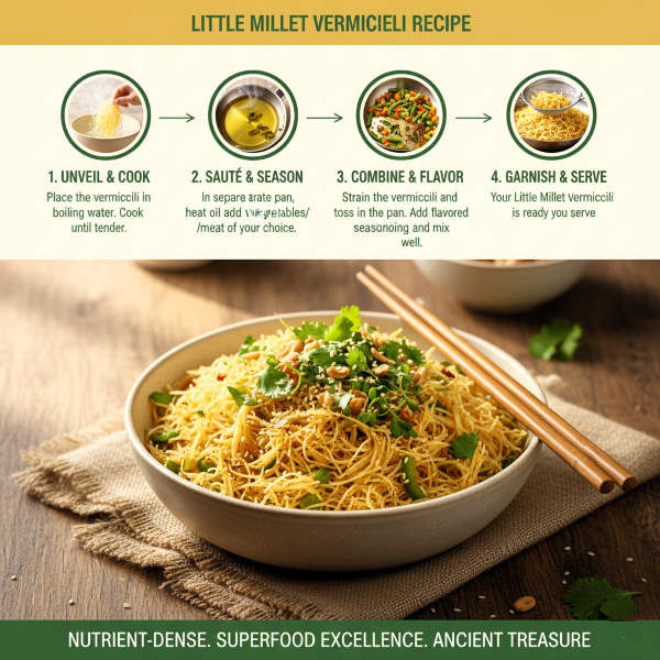 image explaning how to cook magizham little millet Vermicelli in four step process.