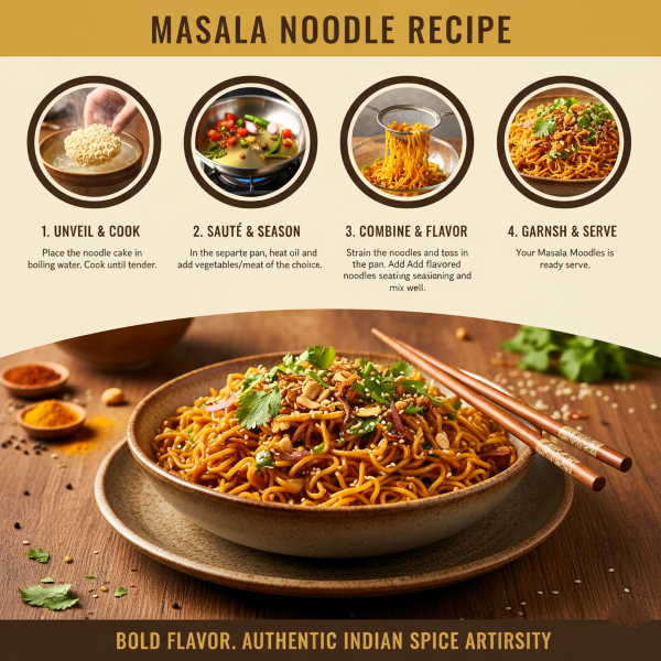 image explaning how to cook magizham masala noodles in four step process