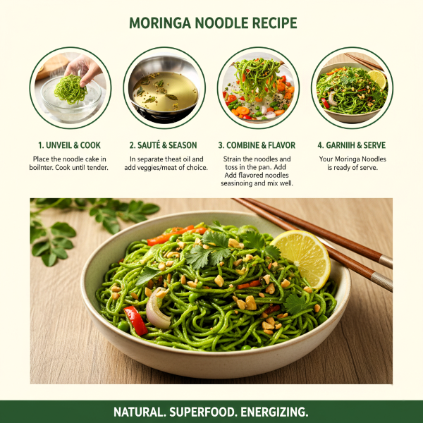 MORINGA NOODLES image explaning how to cook magizham moringa noodles in four step process