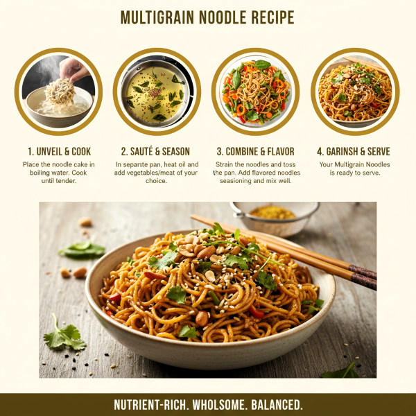 MULTIGRAIN NOODLE image explaning how to cook magizham multigrain noodles in four step process