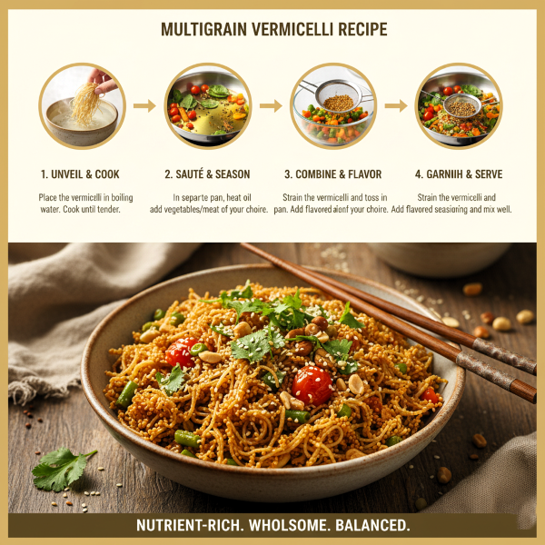 image explaning how to cook magizham multigrain Vermicelli in four step process.